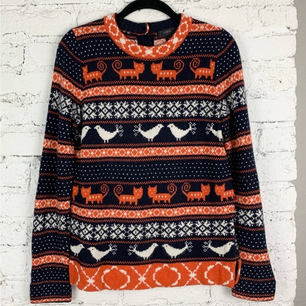 J. Crew Navy and Orange Farmyard Tweet Pattern Sweater